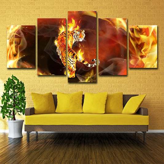 Yellow Tiger on Fire Canvas Animal Modern Multi-Piece Wall Art Decor for Living Room Clearhalo 'Art Gallery' 'Canvas Art' 'Contemporary Art Gallery' 'Modern' Arts' 1708328