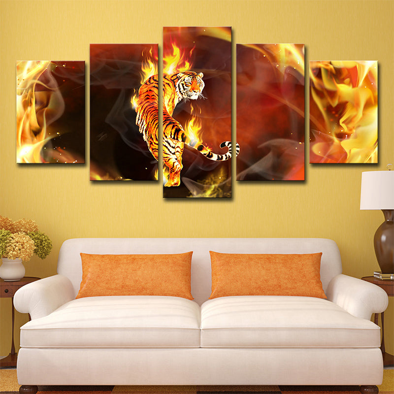 Yellow Tiger on Fire Canvas Animal Modern Multi-Piece Wall Art Decor for Living Room Clearhalo 'Art Gallery' 'Canvas Art' 'Contemporary Art Gallery' 'Modern' Arts' 1708329