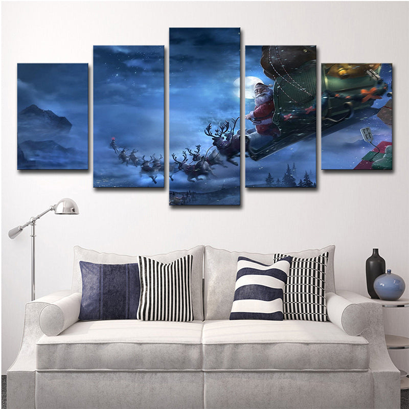 Moon Night Deer Carriage Art Print Kids Dreamy Christmas Wall Decor in Blue for Room Blue Clearhalo 'Art Gallery' 'Canvas Art' 'Kids' Arts' 1708362