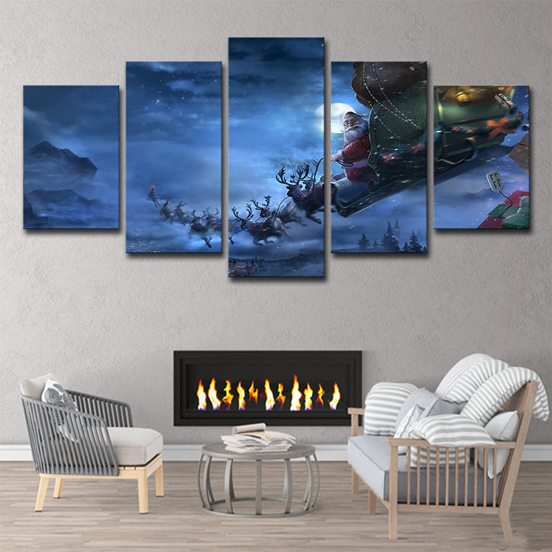Moon Night Deer Carriage Art Print Kids Dreamy Christmas Wall Decor in Blue for Room Clearhalo 'Art Gallery' 'Canvas Art' 'Kids' Arts' 1708363