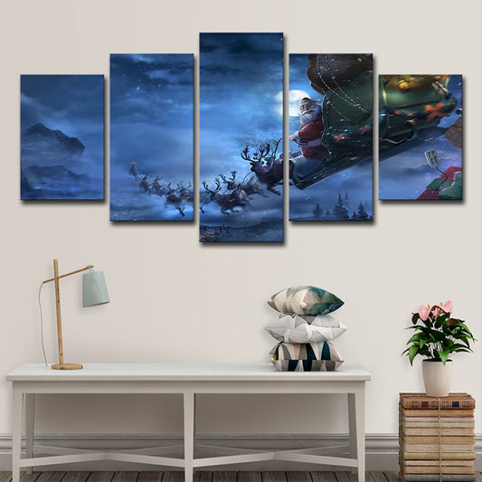 Moon Night Deer Carriage Art Print Kids Dreamy Christmas Wall Decor in Blue for Room Clearhalo 'Art Gallery' 'Canvas Art' 'Kids' Arts' 1708364