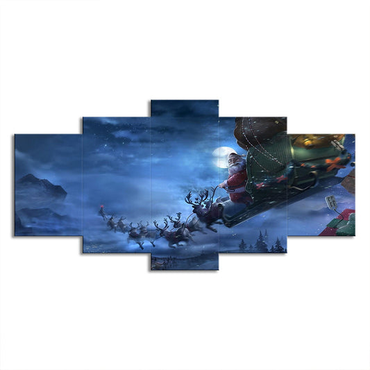 Moon Night Deer Carriage Art Print Kids Dreamy Christmas Wall Decor in Blue for Room Clearhalo 'Art Gallery' 'Canvas Art' 'Kids' Arts' 1708365