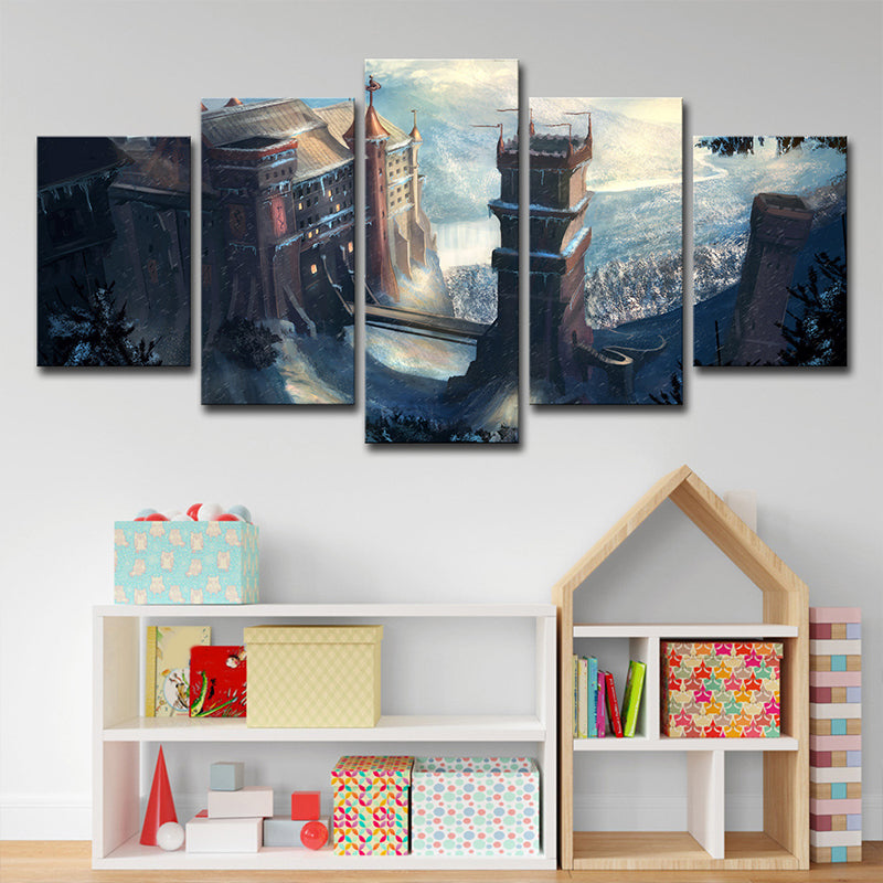 Kids Fantasy Castle Wall Art Blue Multi-Piece Canvas Print for House Interior Clearhalo 'Art Gallery' 'Canvas Art' 'Kids' Arts' 1708377