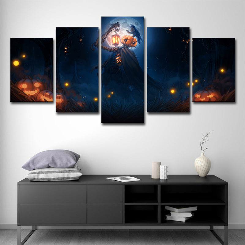 Halloween Pumpkin Canvas Print Kids Scary Moon Night Scene Wall Art in Dark Blue Dark Blue Clearhalo 'Art Gallery' 'Canvas Art' 'Kids' Arts' 1708404