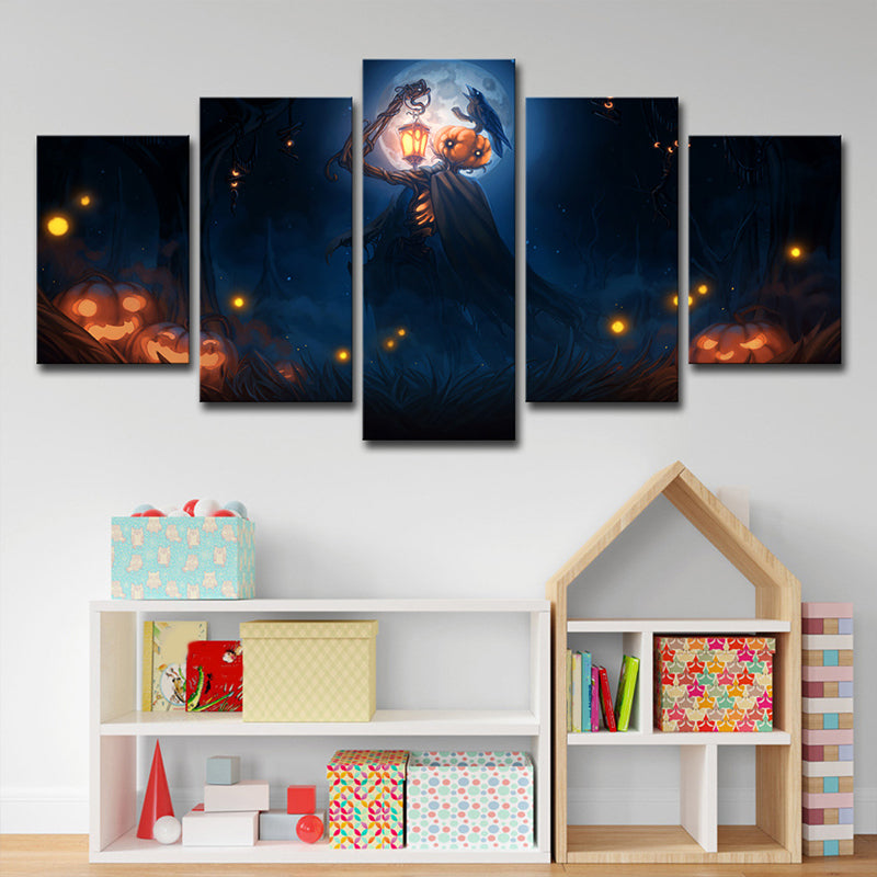 Halloween Pumpkin Canvas Print Kids Scary Moon Night Scene Wall Art in Dark Blue Clearhalo 'Art Gallery' 'Canvas Art' 'Kids' Arts' 1708405