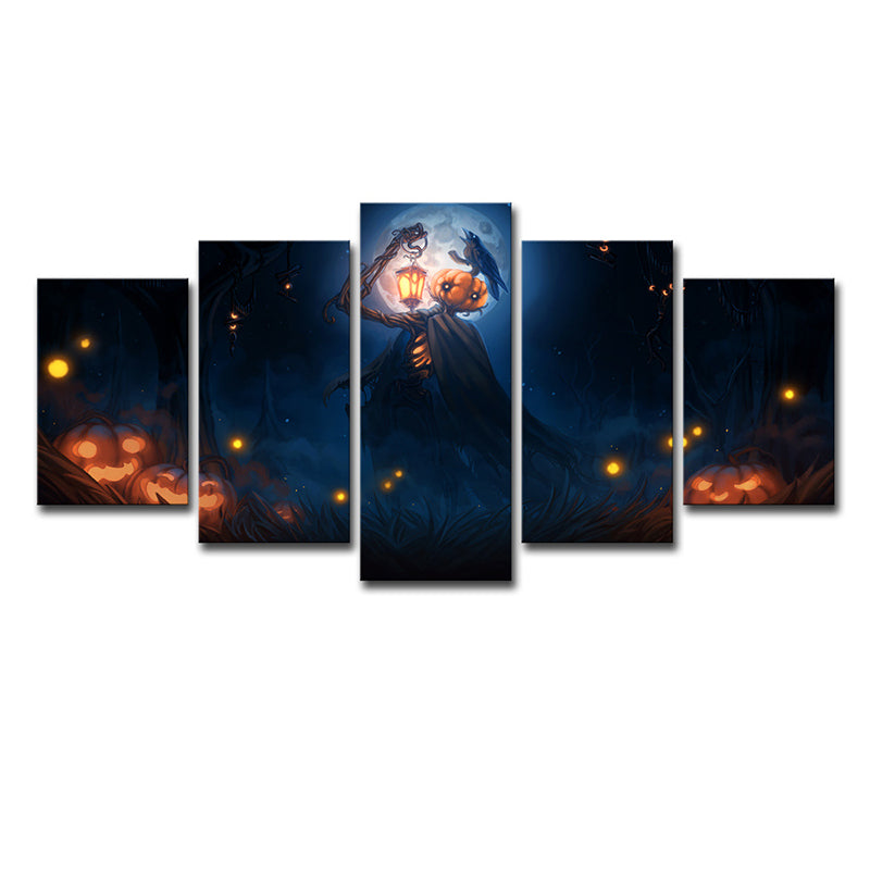 Halloween Pumpkin Canvas Print Kids Scary Moon Night Scene Wall Art in Dark Blue Clearhalo 'Art Gallery' 'Canvas Art' 'Kids' Arts' 1708407