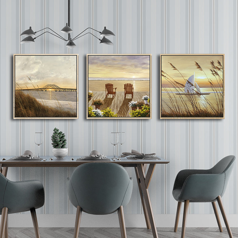 Sunrise Seascape Wall Art Decor Tropics Textured Dining Room Canvas in Yellow-Brown Clearhalo 'Art Gallery' 'Canvas Art' 'Coastal Art Gallery' 'Nautical' Arts' 1708442