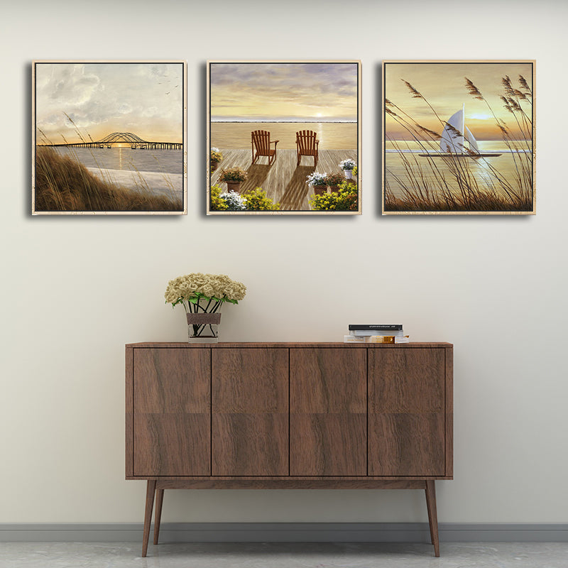 Sunrise Seascape Wall Art Decor Tropics Textured Dining Room Canvas in Yellow-Brown Clearhalo 'Art Gallery' 'Canvas Art' 'Coastal Art Gallery' 'Nautical' Arts' 1708443