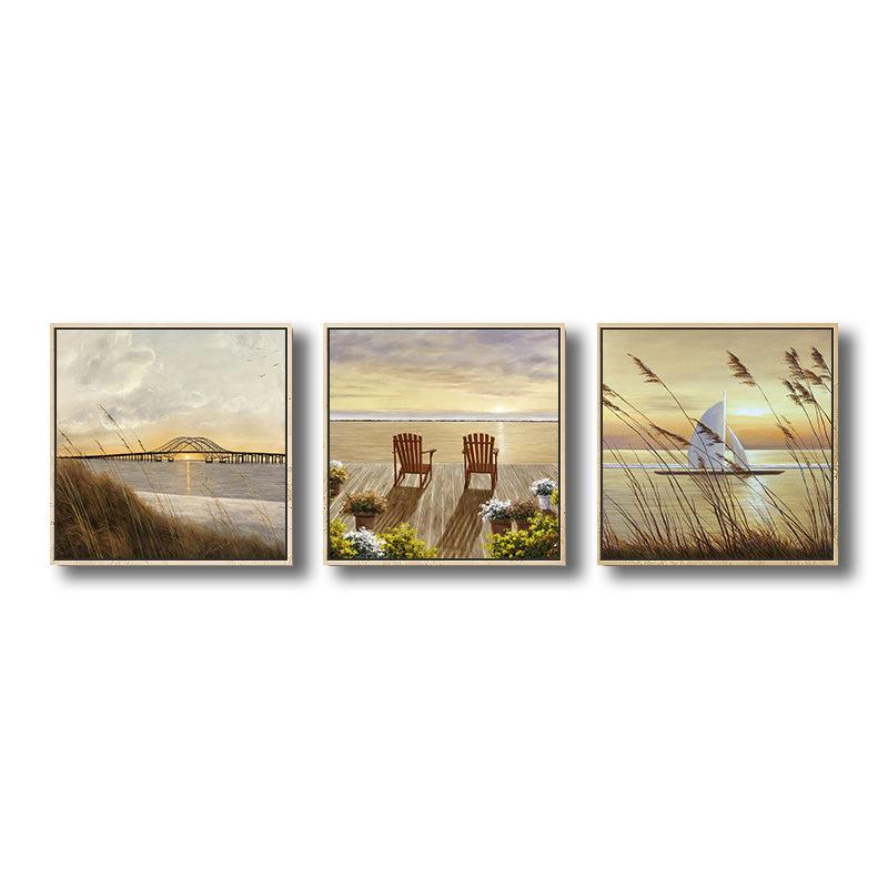 Sunrise Seascape Wall Art Decor Tropics Textured Dining Room Canvas in Yellow-Brown Clearhalo 'Art Gallery' 'Canvas Art' 'Coastal Art Gallery' 'Nautical' Arts' 1708444