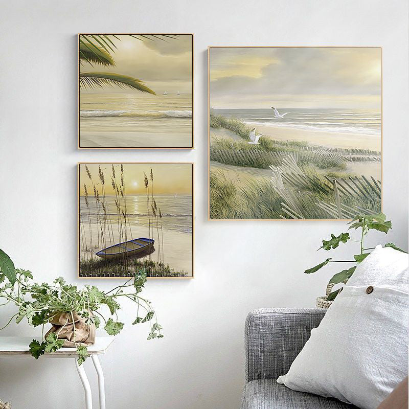 Tropical Canvas Print in Green Beach Sunrise Scenery Wall Art for House Interior Clearhalo 'Art Gallery' 'Canvas Art' 'Coastal Art Gallery' 'Nautical' Arts' 1708449