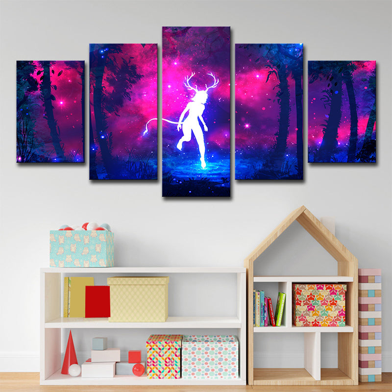Cartoon Deer Fairy Wall Art Print Purple-Blue Night Wonderland Canvas for Bedroom Clearhalo 'Art Gallery' 'Canvas Art' 'Kids' Arts' 1708477