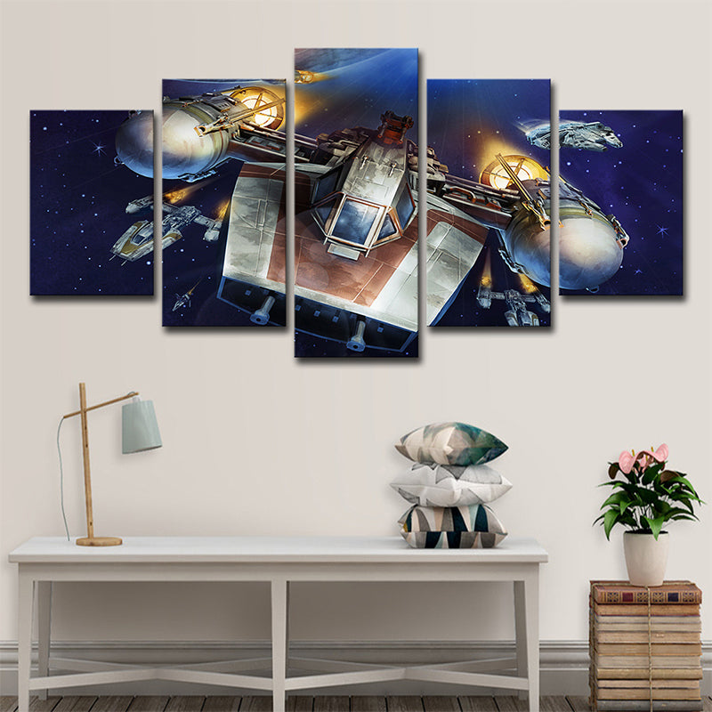 Sci-Fi Y-Wing Starfighter Wall Art Decor Dark Blue Outer Space Canvas Print for Bedroom Clearhalo 'Art Gallery' 'Canvas Art' 'Kids' Arts' 1708522
