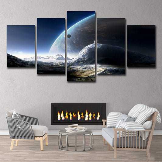 Universe Planet Surface View Canvas Blue Sci-Fi Wall Art Print for House Interior Blue Clearhalo 'Art Gallery' 'Canvas Art' 'Kids' Arts' 1708558