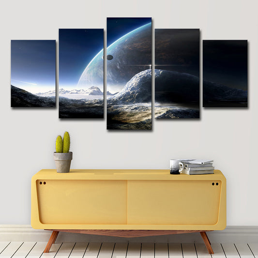 Universe Planet Surface View Canvas Blue Sci-Fi Wall Art Print for House Interior Clearhalo 'Art Gallery' 'Canvas Art' 'Kids' Arts' 1708560