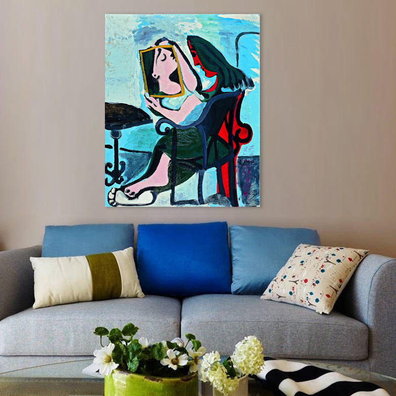 Traditional People Wall Decor Abstract Woman Looking in the Mirror Blue Canvas Art for Living Room Blue Clearhalo 'Art Gallery' 'Canvas Art' 'Traditional' Arts' 1708572