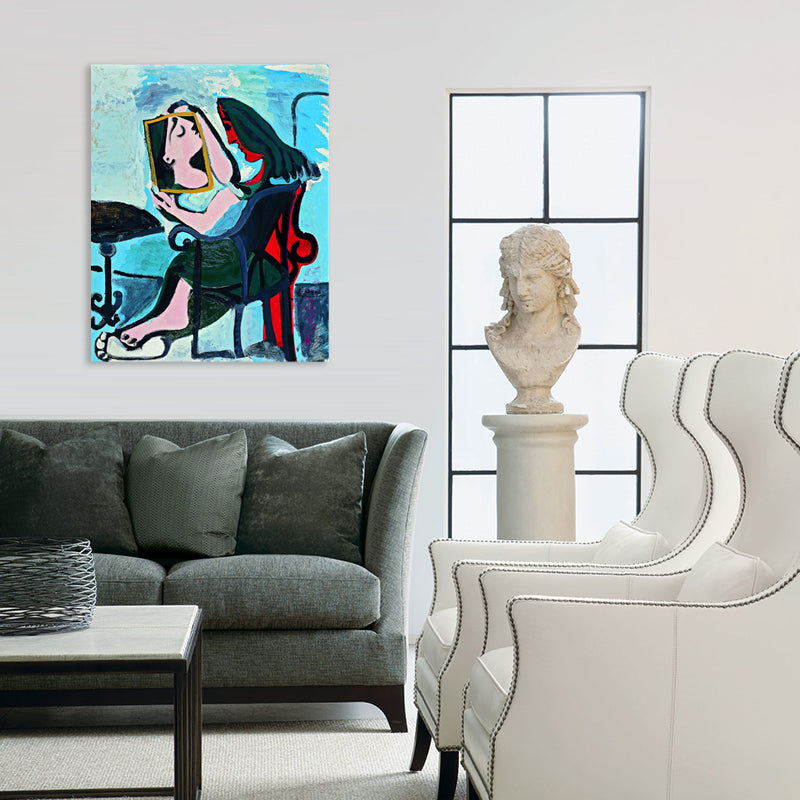 Traditional People Wall Decor Abstract Woman Looking in the Mirror Blue Canvas Art for Living Room Clearhalo 'Art Gallery' 'Canvas Art' 'Traditional' Arts' 1708573