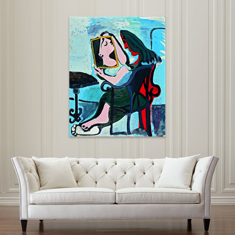 Traditional People Wall Decor Abstract Woman Looking in the Mirror Blue Canvas Art for Living Room Clearhalo 'Art Gallery' 'Canvas Art' 'Traditional' Arts' 1708574