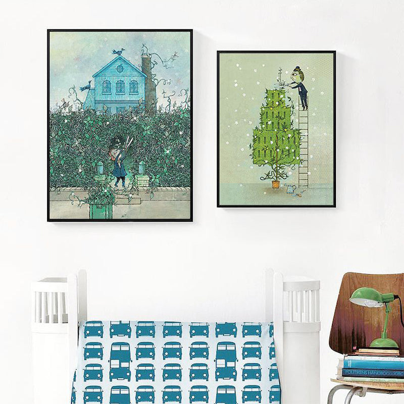 Kids Boy Trimming Drawing Art Print Pastel Color Childrens Bedroom Canvas for Decor Green Clearhalo 'Art Gallery' 'Canvas Art' 'Kids' Arts' 1708617