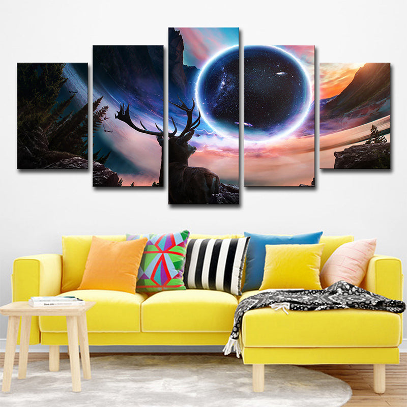 Black Moon Night Deer Canvas Art Multi-Piece Contemporary Sitting Room Wall Decor Black Clearhalo 'Art Gallery' 'Canvas Art' 'Contemporary Art Gallery' 'Modern' Arts' 1708700