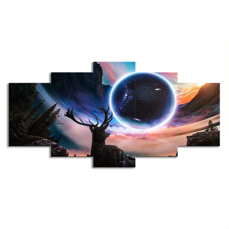 Black Moon Night Deer Canvas Art Multi-Piece Contemporary Sitting Room Wall Decor Clearhalo 'Art Gallery' 'Canvas Art' 'Contemporary Art Gallery' 'Modern' Arts' 1708703