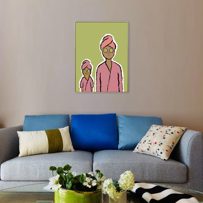 Happy Family Drawing Wall Art House Interior Figure Canvas Print in Pastel Color Green Clearhalo 'Art Gallery' 'Canvas Art' 'Kids' Arts' 1708775