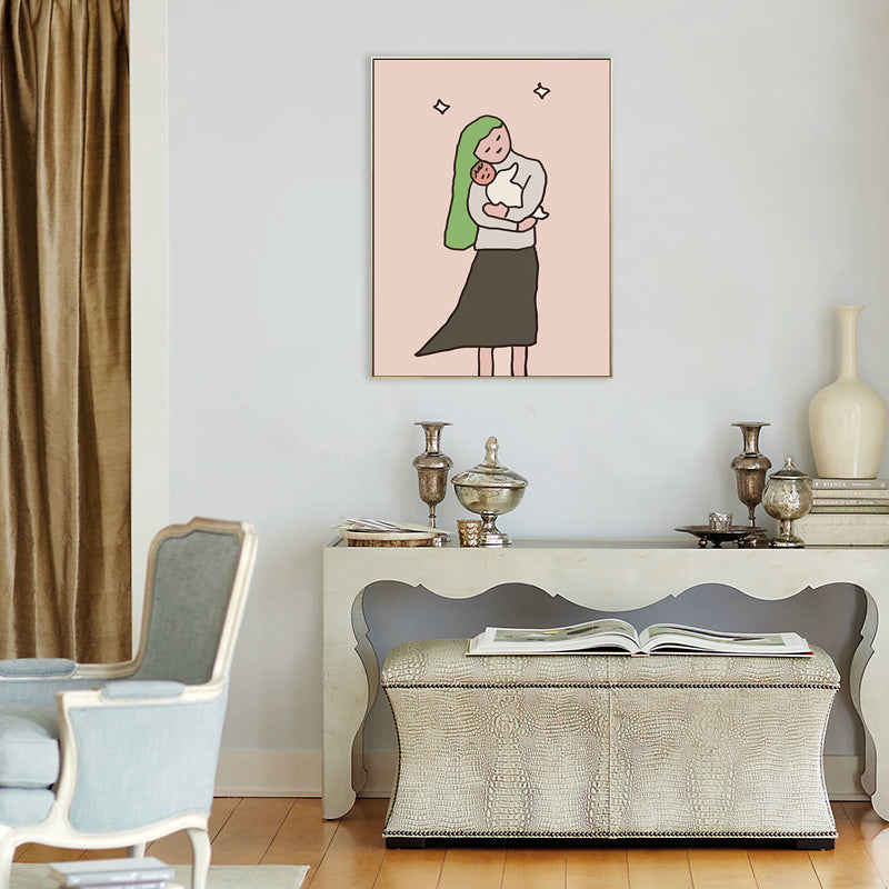 Happy Family Drawing Wall Art House Interior Figure Canvas Print in Pastel Color Pink Clearhalo 'Art Gallery' 'Canvas Art' 'Kids' Arts' 1708782