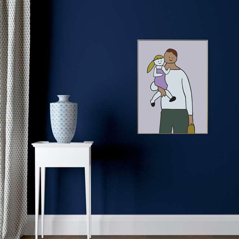 Happy Family Drawing Wall Art House Interior Figure Canvas Print in Pastel Color Light Purple Clearhalo 'Art Gallery' 'Canvas Art' 'Kids' Arts' 1708786