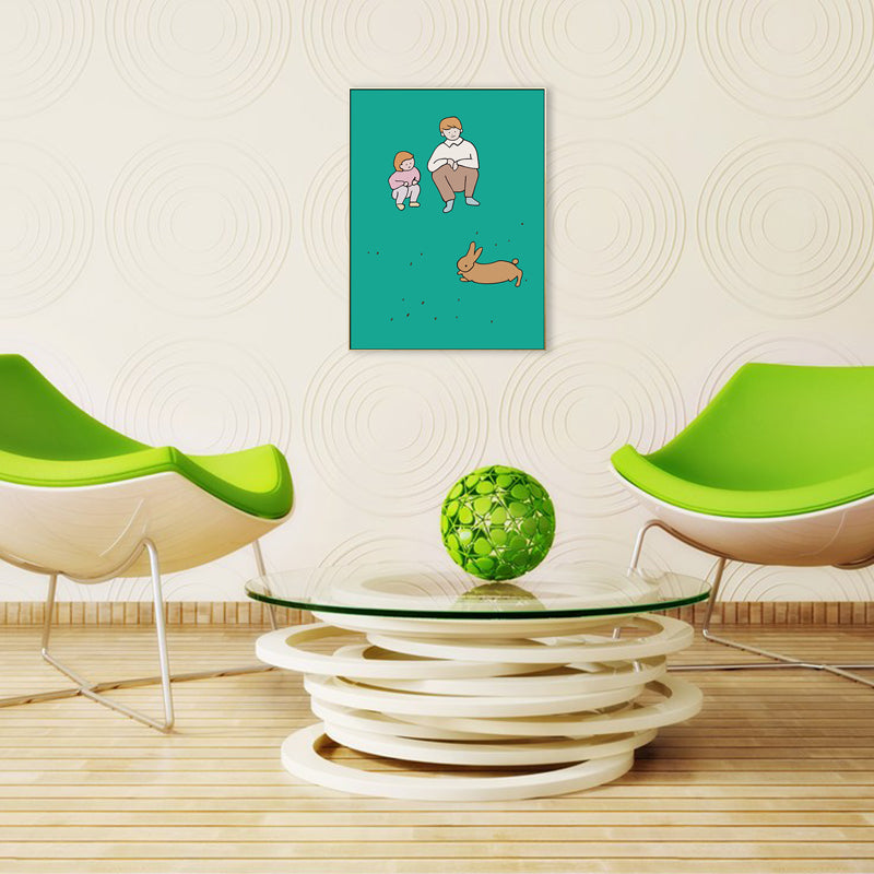 Happy Family Drawing Wall Art House Interior Figure Canvas Print in Pastel Color Dark Green Clearhalo 'Art Gallery' 'Canvas Art' 'Kids' Arts' 1708790