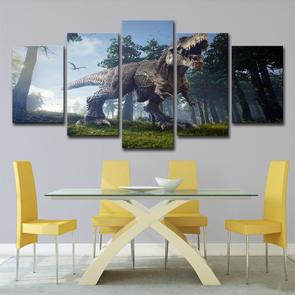 Sci-Fi Jurassic Dinosaur Wall Art House Interior Canvas Print in Blue-Green Blue Clearhalo 'Art Gallery' 'Canvas Art' 'Kids' Arts' 1708863