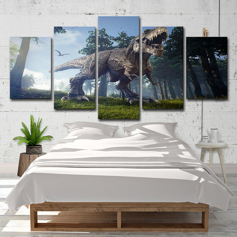 Sci-Fi Jurassic Dinosaur Wall Art House Interior Canvas Print in Blue-Green Clearhalo 'Art Gallery' 'Canvas Art' 'Kids' Arts' 1708864