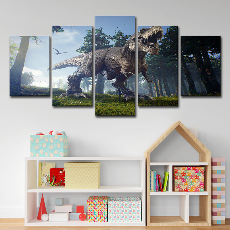 Sci-Fi Jurassic Dinosaur Wall Art House Interior Canvas Print in Blue-Green Clearhalo 'Art Gallery' 'Canvas Art' 'Kids' Arts' 1708865