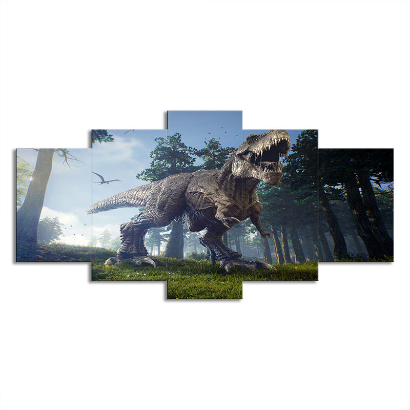 Sci-Fi Jurassic Dinosaur Wall Art House Interior Canvas Print in Blue-Green Clearhalo 'Art Gallery' 'Canvas Art' 'Kids' Arts' 1708866