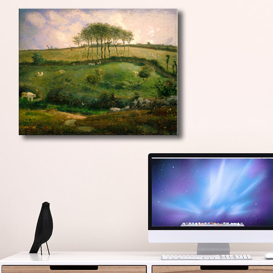 Vintage Canvas Print Green Grassland and Flock of Sheep Wall Art for Living Room Green