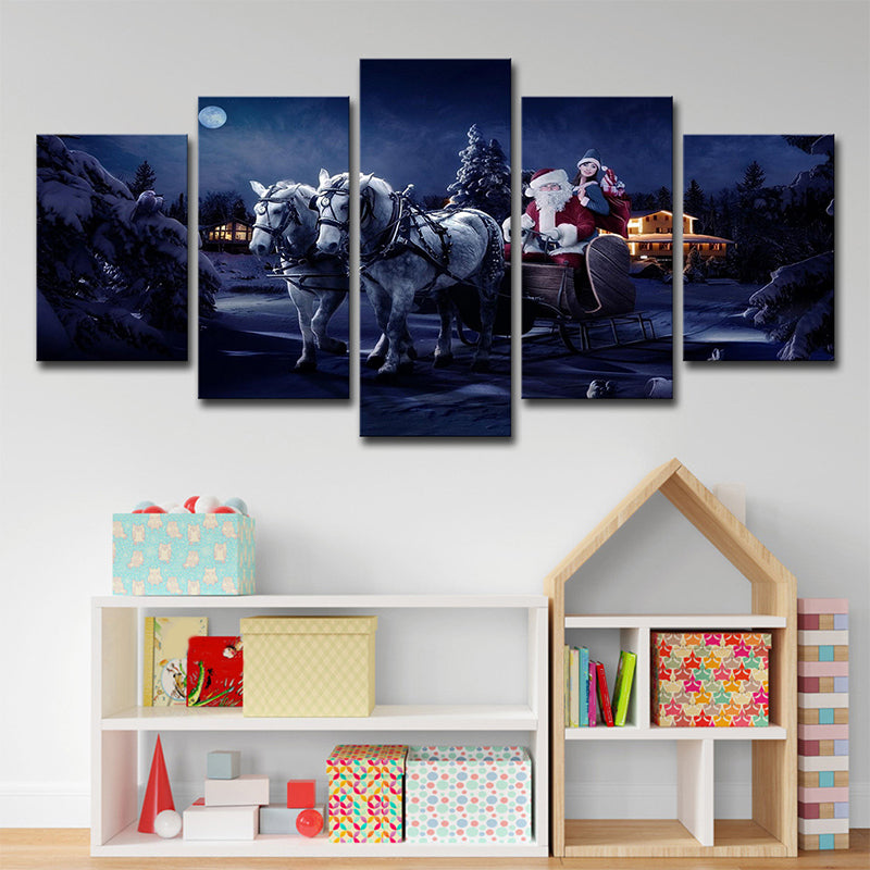 Christmas Carriage Santa Claus Canvas Kids Style Multi-Piece Wall Art Decor in Dark Blue Dark Blue Clearhalo 'Art Gallery' 'Canvas Art' 'Kids' Arts' 1708941