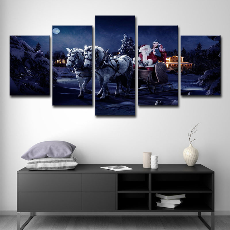 Christmas Carriage Santa Claus Canvas Kids Style Multi-Piece Wall Art Decor in Dark Blue Clearhalo 'Art Gallery' 'Canvas Art' 'Kids' Arts' 1708942
