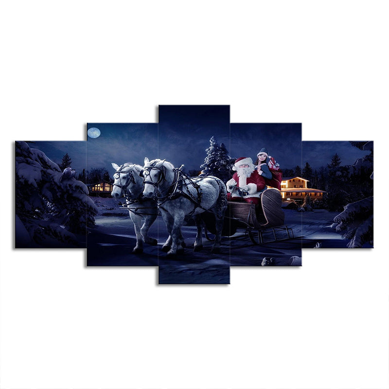 Christmas Carriage Santa Claus Canvas Kids Style Multi-Piece Wall Art Decor in Dark Blue Clearhalo 'Art Gallery' 'Canvas Art' 'Kids' Arts' 1708944