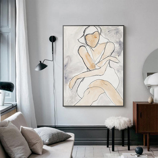 White Line Sketch Woman Art Print Textured Minimalistic House Interior Wall Decor Clearhalo 'Art Gallery' 'Canvas Art' 'Contemporary Art Gallery' 'Contemporary Art' 'Minimalism' 'Minimalist Art Gallery' 'Scandinavian' Arts' 1708957
