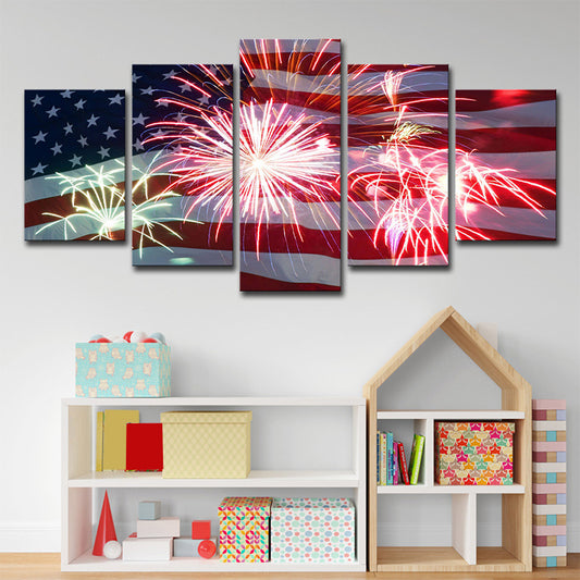 Modernist Flag and Firework Canvas House Interior Wall Art Print in Red and Blue Red Clearhalo 'Art Gallery' 'Canvas Art' 'Contemporary Art Gallery' 'Modern' Arts' 1708980