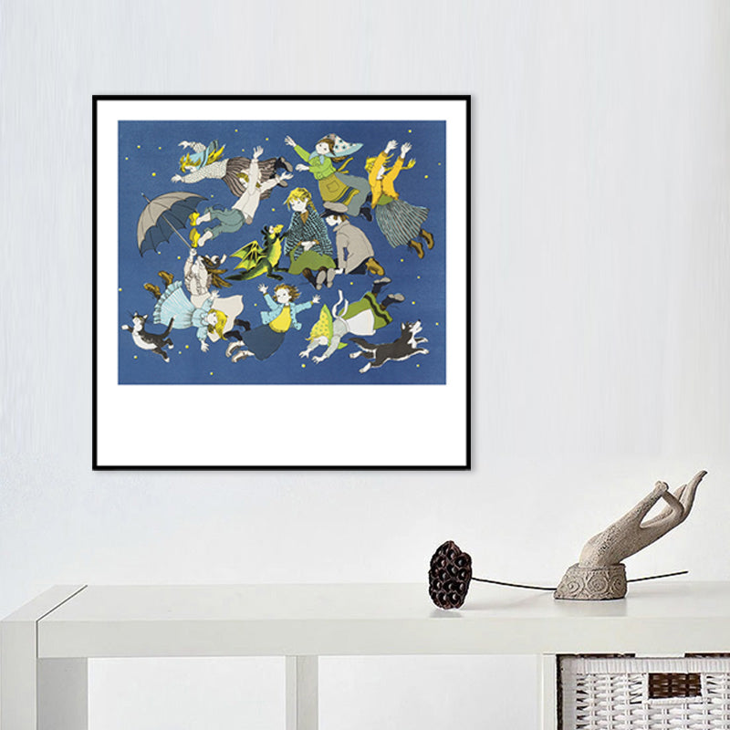 Blue Childrens Art Wall Decor Illustration Kids in the Sky Canvas Print for Bedroom Blue Clearhalo 'Art Gallery' 'Canvas Art' 'Kids' Arts' 1709030