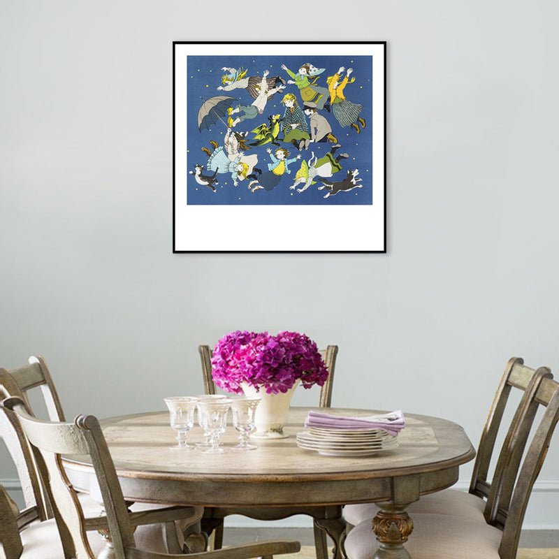 Blue Childrens Art Wall Decor Illustration Kids in the Sky Canvas Print for Bedroom Clearhalo 'Art Gallery' 'Canvas Art' 'Kids' Arts' 1709031