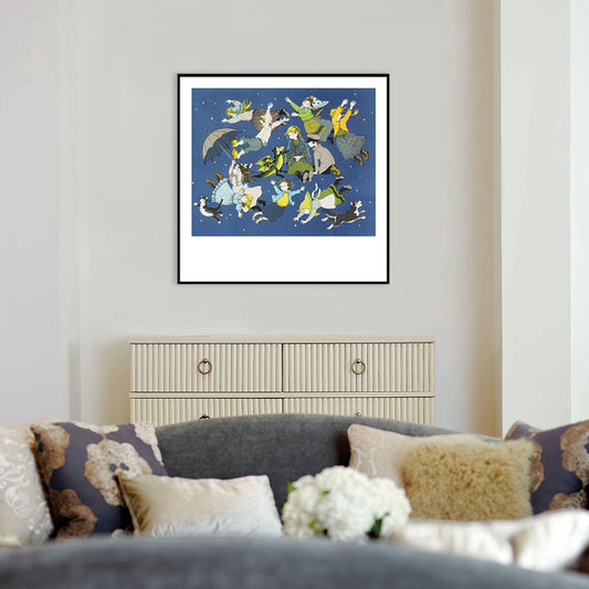 Blue Childrens Art Wall Decor Illustration Kids in the Sky Canvas Print for Bedroom Clearhalo 'Art Gallery' 'Canvas Art' 'Kids' Arts' 1709032