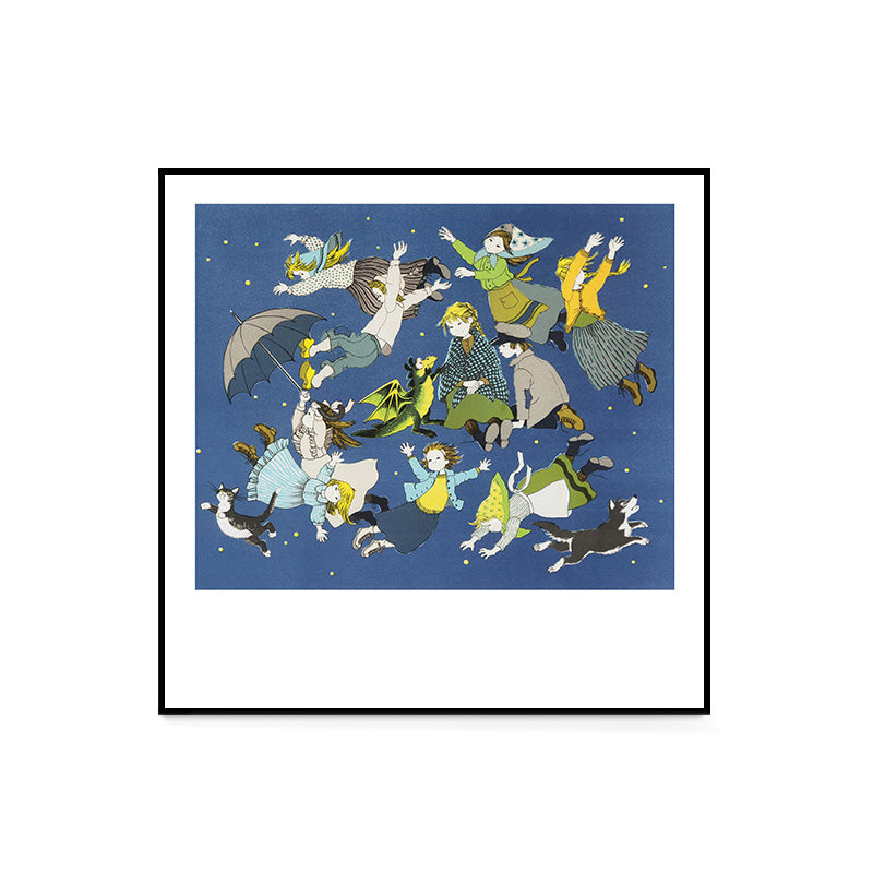 Blue Childrens Art Wall Decor Illustration Kids in the Sky Canvas Print for Bedroom Clearhalo 'Art Gallery' 'Canvas Art' 'Kids' Arts' 1709033