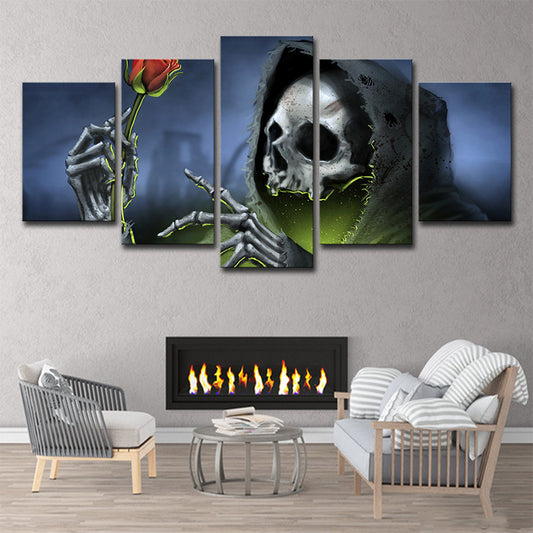 Grim Reaper with Rose Art Print Modern Style Multi-Piece Wall Decor in Blue for Room Blue Clearhalo 'Art Gallery' 'Canvas Art' 'Contemporary Art Gallery' 'Modern' Arts' 1709037