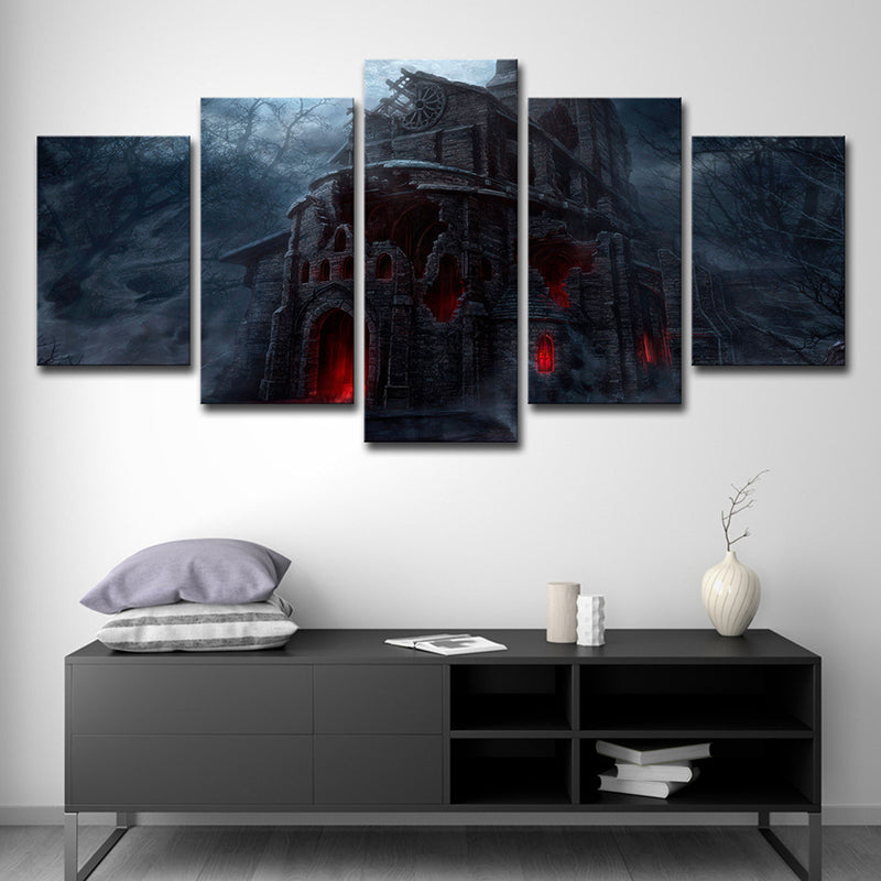 Dreary Night Castle Canvas Art House Interior Halloween Wall Decoration in Black Black Clearhalo 'Art Gallery' 'Canvas Art' 'Kids' Arts' 1709051