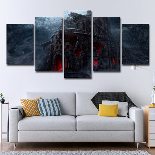 Dreary Night Castle Canvas Art House Interior Halloween Wall Decoration in Black Clearhalo 'Art Gallery' 'Canvas Art' 'Kids' Arts' 1709052