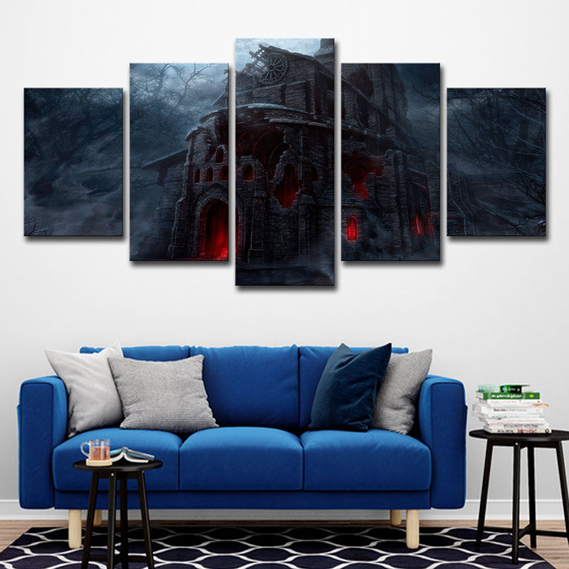 Dreary Night Castle Canvas Art House Interior Halloween Wall Decoration in Black Clearhalo 'Art Gallery' 'Canvas Art' 'Kids' Arts' 1709053