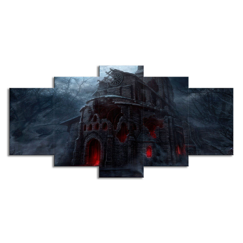 Dreary Night Castle Canvas Art House Interior Halloween Wall Decoration in Black Clearhalo 'Art Gallery' 'Canvas Art' 'Kids' Arts' 1709054