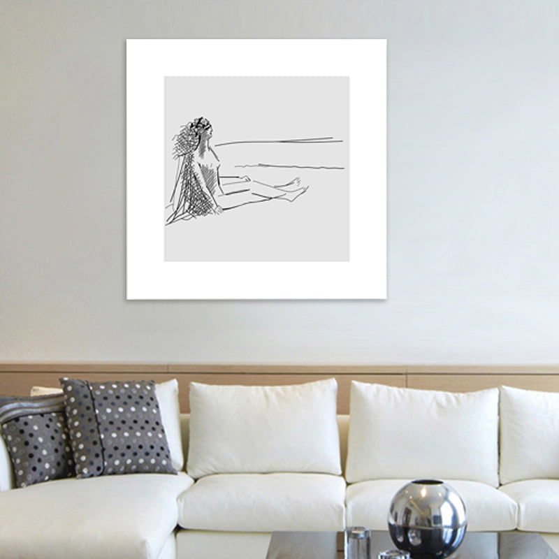 Man Sit Against Wall Canvas for Home Line Figure Drawing Art Print in Black-White, Texture Clearhalo 'Art Gallery' 'Canvas Art' 'Contemporary Art Gallery' 'Contemporary Art' 'Minimalism' 'Minimalist Art Gallery' 'Scandinavian' Arts' 1709074
