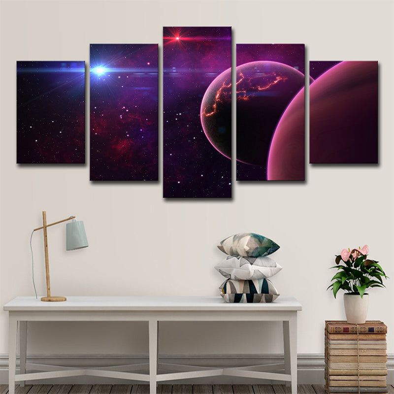 Universe Wall Art Kids Dreamy Planet and Stars Canvas Print in Purple for Bedroom Clearhalo 'Art Gallery' 'Canvas Art' 'Kids' Arts' 1709202