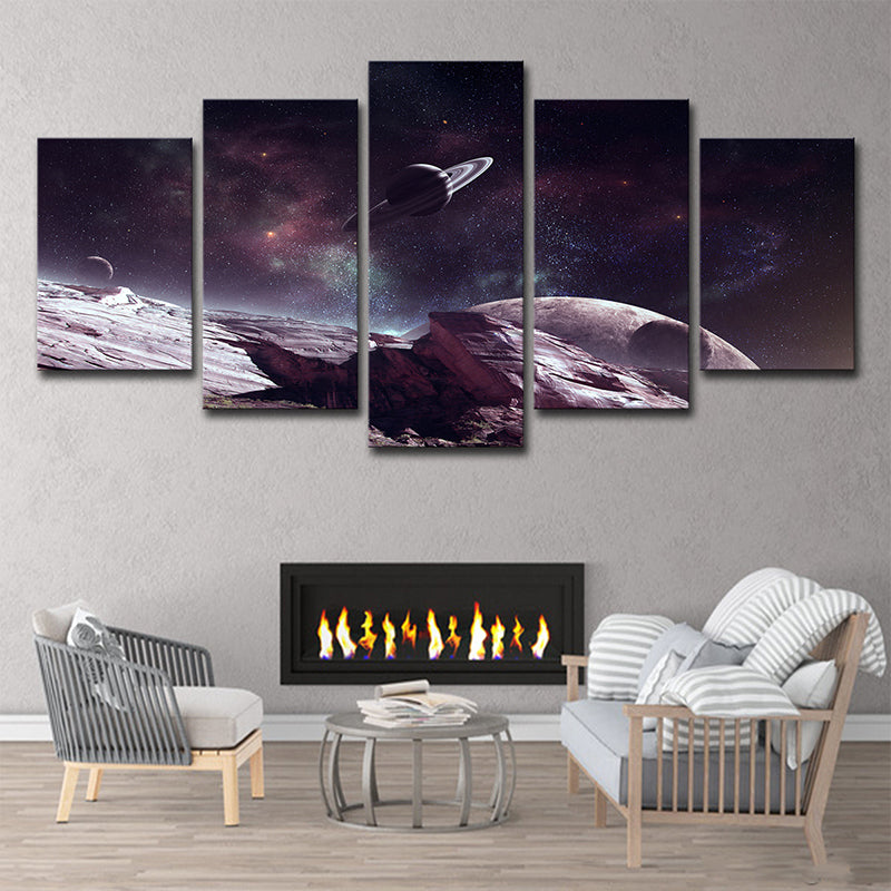 Sci-Fi Planet Surface Scene Canvas Print Grape-Purple Starry Universe Wall Art Print Grape Clearhalo 'Art Gallery' 'Canvas Art' 'Kids' Arts' 1709208
